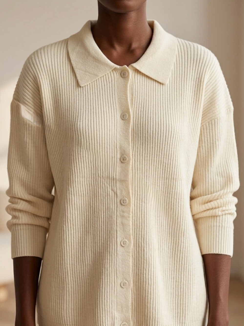 Amazon Cream Ribbed Button-Up Collared Cardigan Sweater